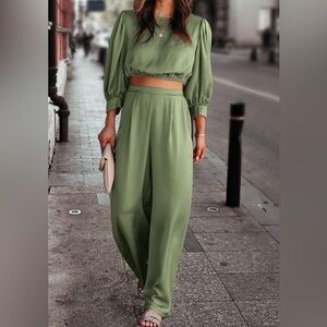 Puff Sleeve Crop Top And Long Palazzo Pants Set (Army Green,Small)